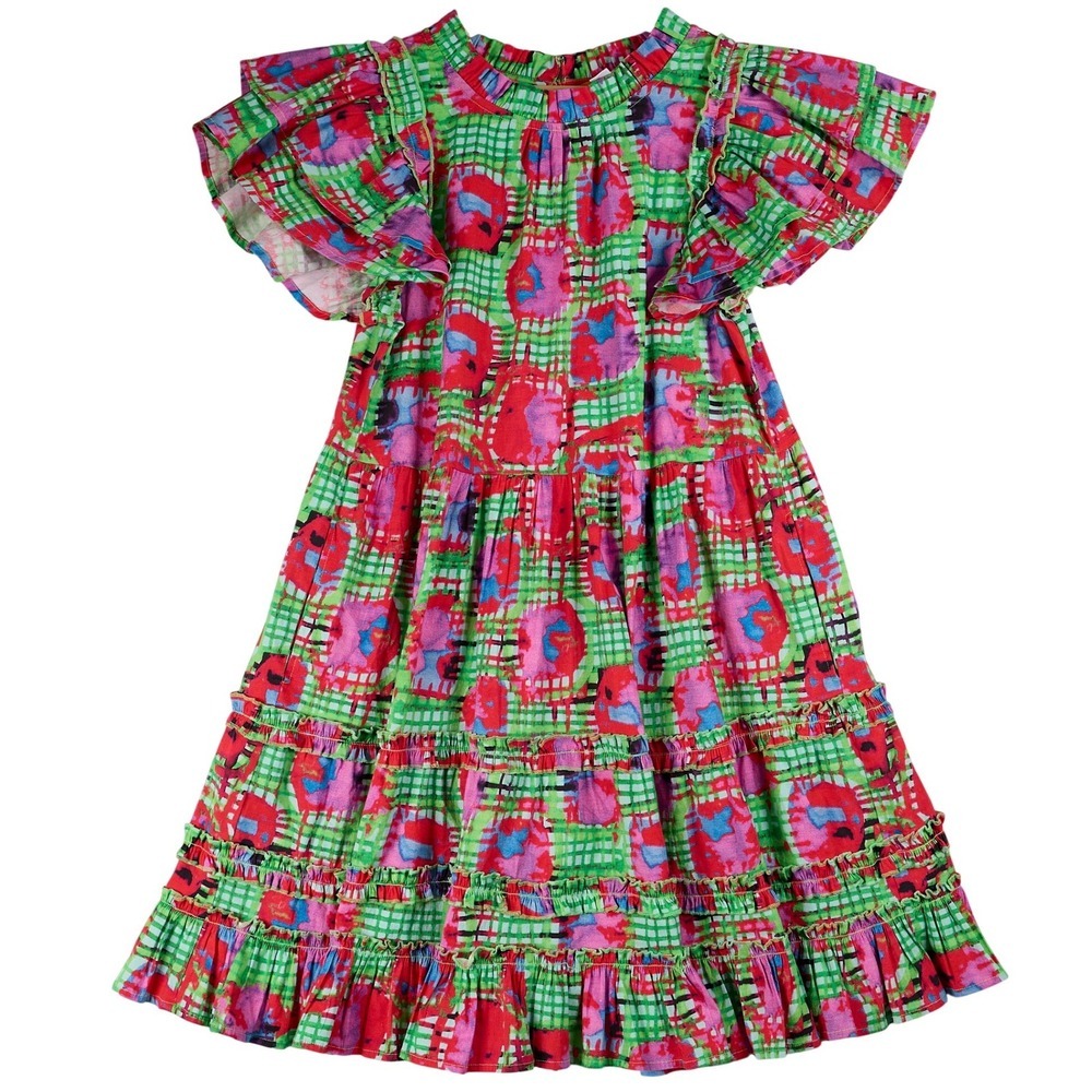 NOT AVAILABLE Briton Court Midi Dress Abstract Plaid Tiered Ruffle Cotton